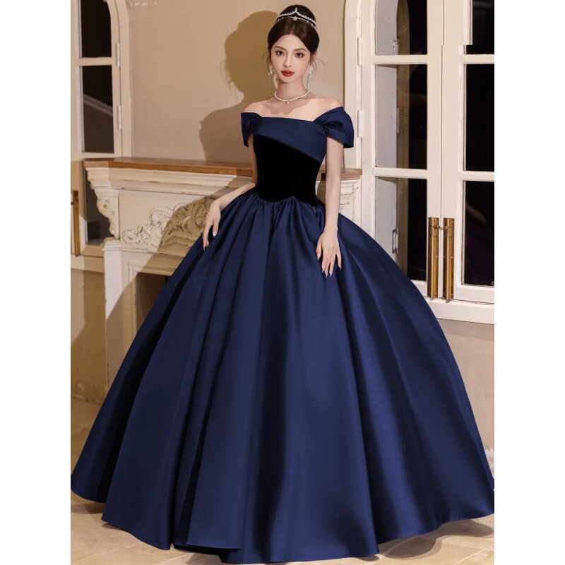 Hostess Evening Dress, High-End Light Luxury Blue Student Art Exam Solo Performance Outfit, Elegant Socialite Off-Shoulder Graduation Dress