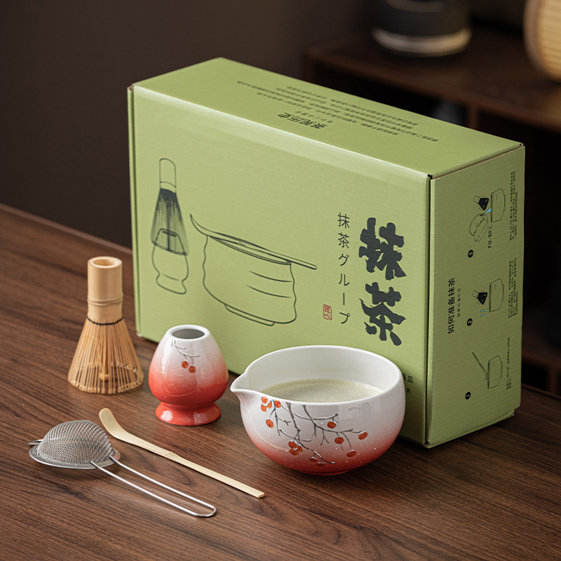 Floral Gradient Ceramic Matcha Six-Piece Set: Imitation Song Dynasty Tea Set with Frothing and Stirring Utensils, Tea Bowl, Powder Sieve, and Tea Whisk