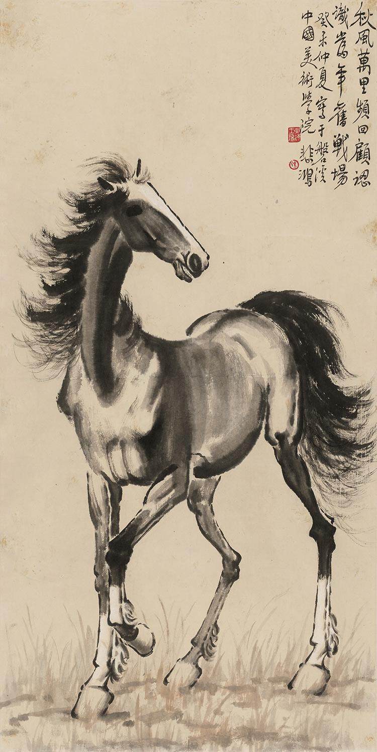 中国　徐悲鴻　水墨画 　馬　掛軸　希少品 中国 掛軸 徐悲鴻(じょひこう）馬 希少品 水墨画 【公式通販】