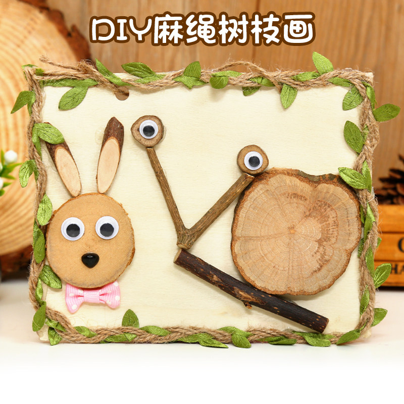 Creative DIY log hemp rope branch painting natural log chip handmade material package kindergarten wood art frame