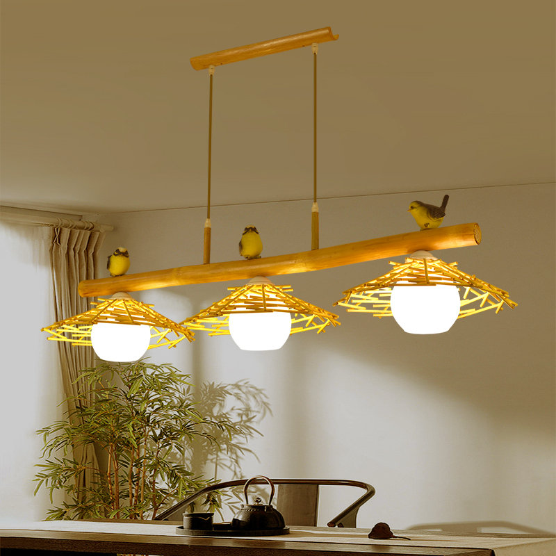 Three-Headed Bamboo Bird's Nest Pendant Light, Wooden Art Restaurant Bar Counter Lighting, Front Desk Cashier Counter, Clothing Store Linear Lampshade