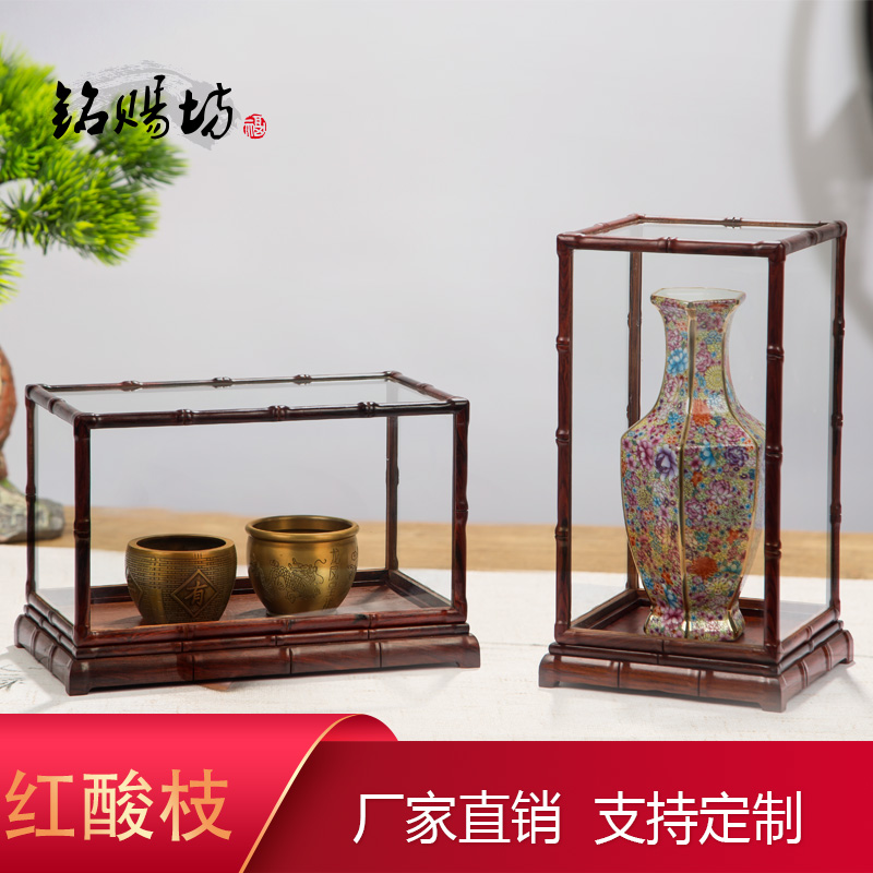 Red acid branch bamboo cage glass cover solid wood base handicraft decoration Buddha statue vase dust cover can be customized