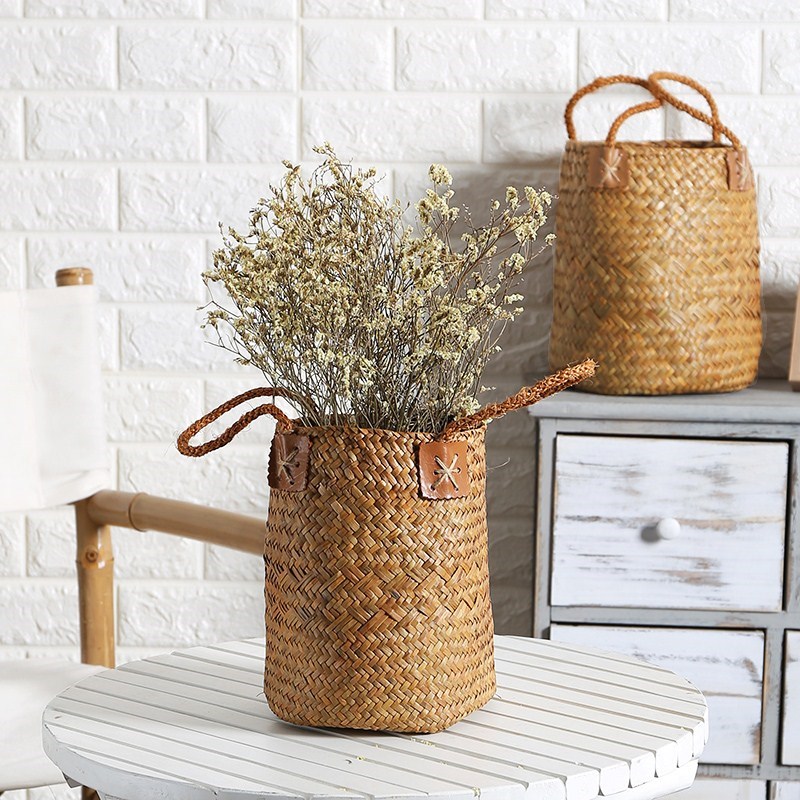 KENS Net Red Flower Arrangement Basket Storage Straw Handmade Basket Round Flower Pot Set Creative Small Flower Basket