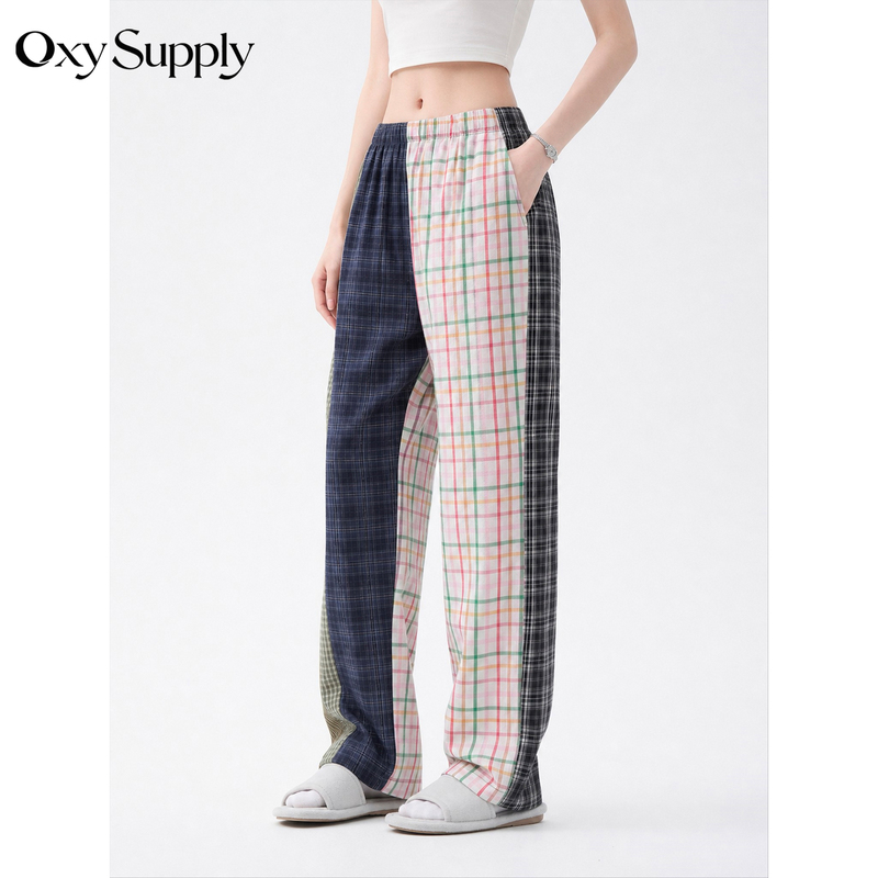 High-End Patchwork Plaid Sleep Pants for Women, Autumn Versatile Elastic High-Waisted Slimming Breathable Non-Stuffy Home Pants That Can Be Worn Outside