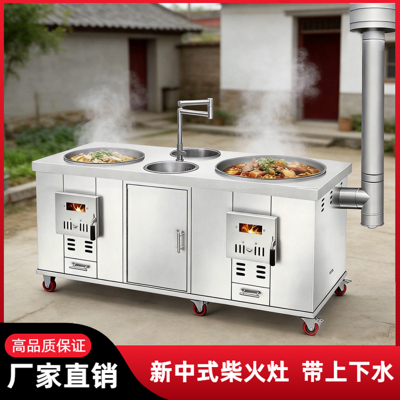Rural Wood-Burning Stove for Home Use, New Smokeless Indoor Kitchen Stove, Mobile Energy-Saving, Fuel-Efficient Double-Pot Earthen Stove