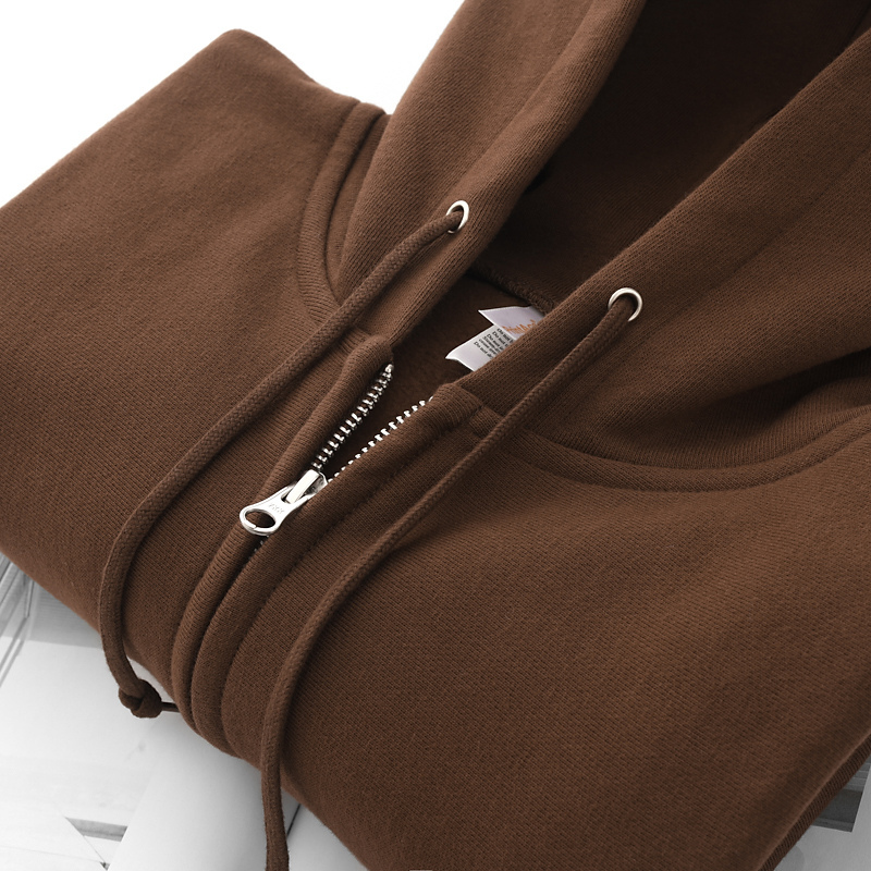 Pair It with a Warm Autumn Top! 460g Chocolate-Colored Hooded Cardigan Sweatshirt for Men, Zip-Up Loose Jacket for Women