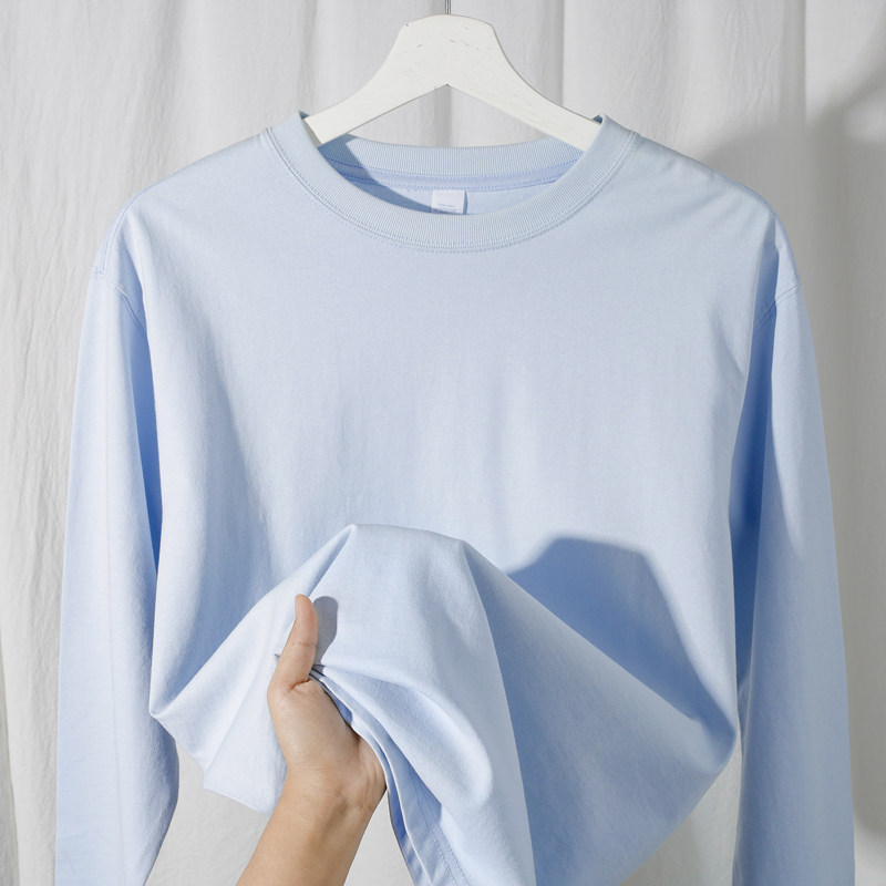 Gentle Milky Blue 230g Heavy Pound Sky Blue Long Sleeve T-Shirt Male Baby Blue Pure Color Slats Undershirt Woman Autumn-Taobao
