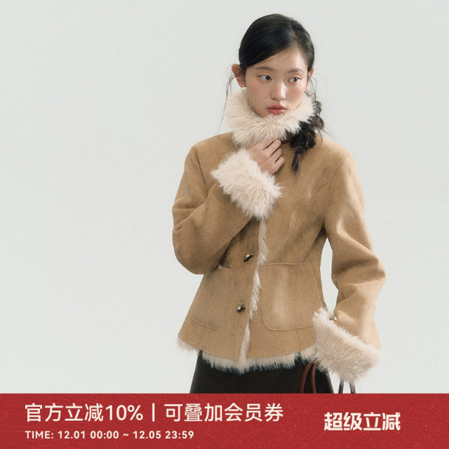 ANNATTO 悉尼往事 原创设计冬季新款卡其色皮毛一体保暖厚外套女