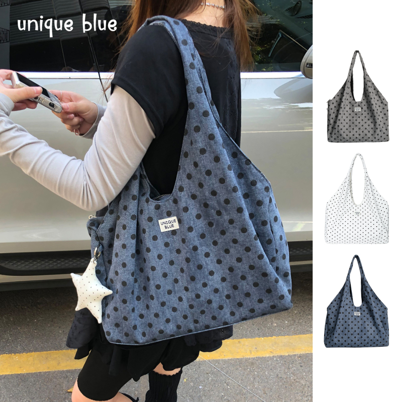 Unique Blue Polka Dot Tote Bag for Women, Large Capacity Handbag, Underarm Bag, Hobo Style, Casual Commuter Shoulder Bag