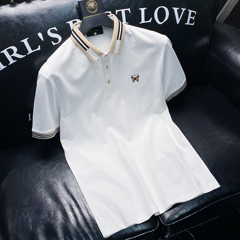 European station pure cotton light luxury contrast color lapel polo shirt short-sleeved men's slim summer thin butterfly print T-shirt men