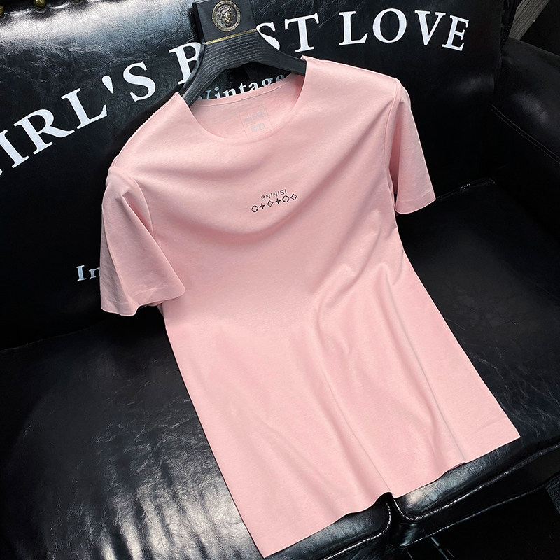 European station summer thin section ice oxygen bar printing T-shirt men's slim pink seamless cutting round neck short half-sleeved men