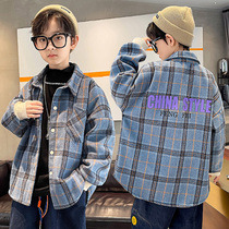 Boys shirt jacket plus fleece thicker autumn winter 2022 new childrens boys big boys winter clothes grinding wool plaid clothing tide