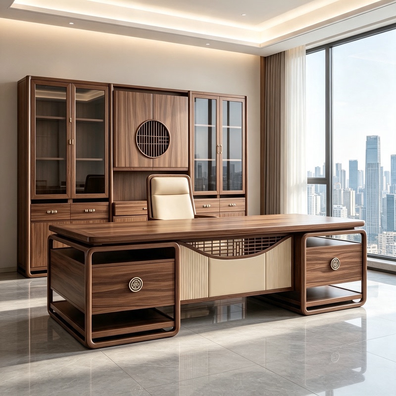 New Chinese-Style Solid Wood Executive Desk, Large Executive Desk, Office Desk and Chair Set, Bookcase, Grand Executive Office Desk