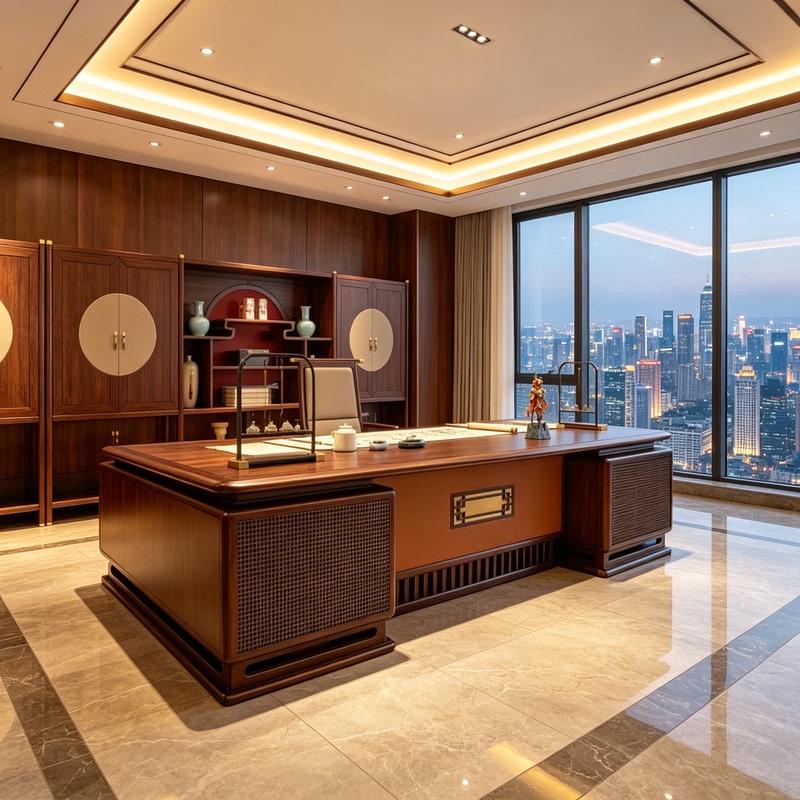 New Chinese-Style Solid Wood Executive Desk, Grand Executive Desk, President's Office Desk, Elegant Zen-Style Office Calligraphy Desk and Bookcase Combination
