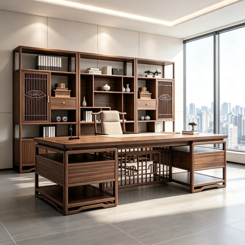 New Chinese-Style Solid Wood Patterned Grille Executive Desk Office Desk with Mortise and Tenon Structure Study Room Office Desk Furniture Set New Chinese-Style Solid Wood Patterned Grille Executive Desk Office Desk with Mortise and Tenon Structure Study Room Office Desk Furniture Set