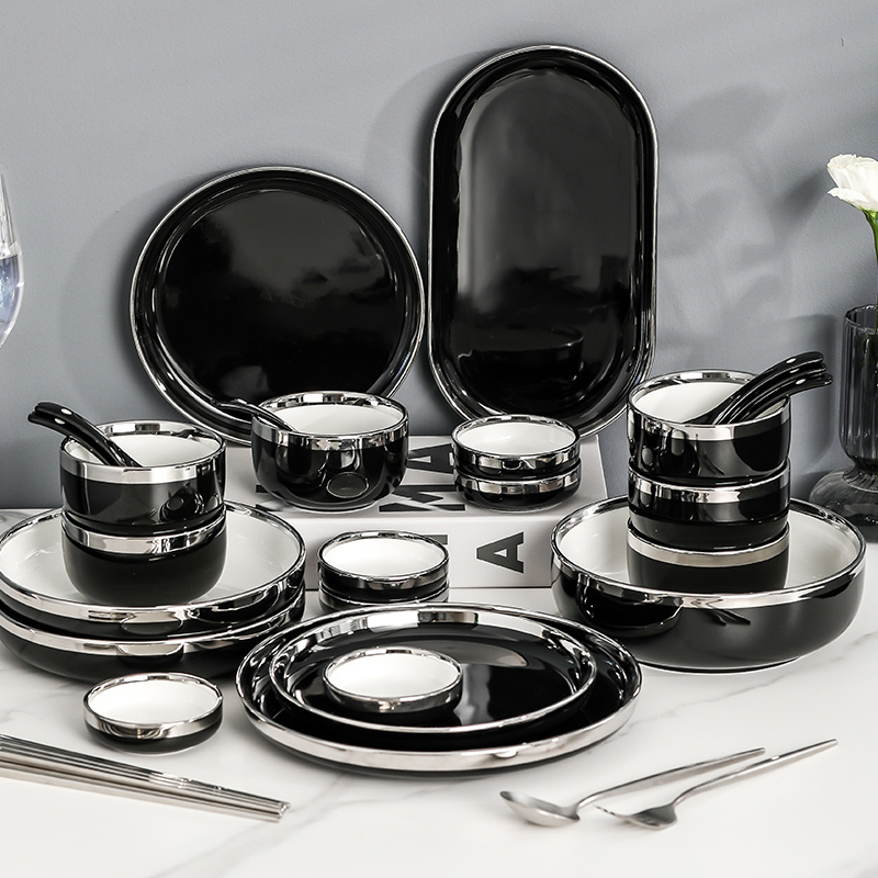 Light Luxury Black and Silver Bowl and Plate Set for Home Use, Housewarming Gift, Bowls, Plates, Chopsticks, Trendy Ceramic Tableware, 2026 New Model