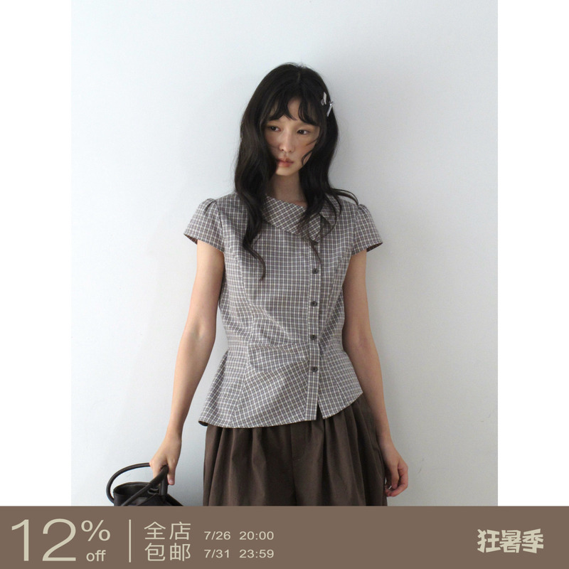 Dorydory Retro Style Plaid Shirt for Women, Summer Slim Fit, Cotton Short-Sleeved Lapel Thin Top