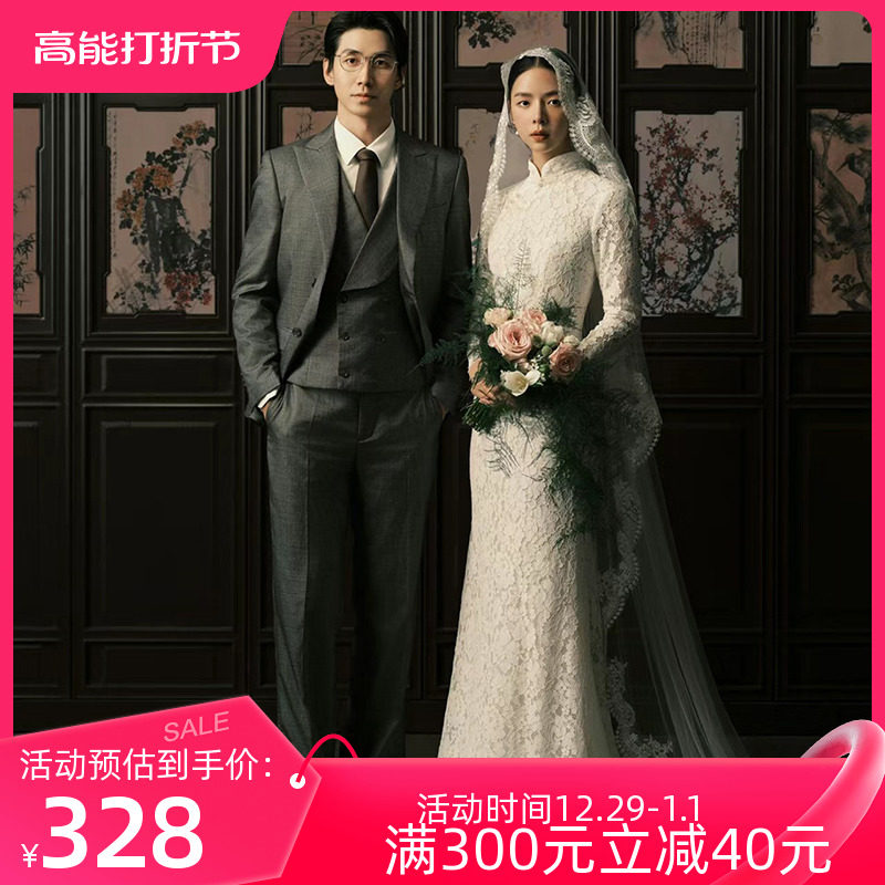 Lace Fishtail Light Wedding Dress New Chinese Vintage Betrothed Gown with Tail Skirt White Out of the Cockerel Qipao High-end-Taobao