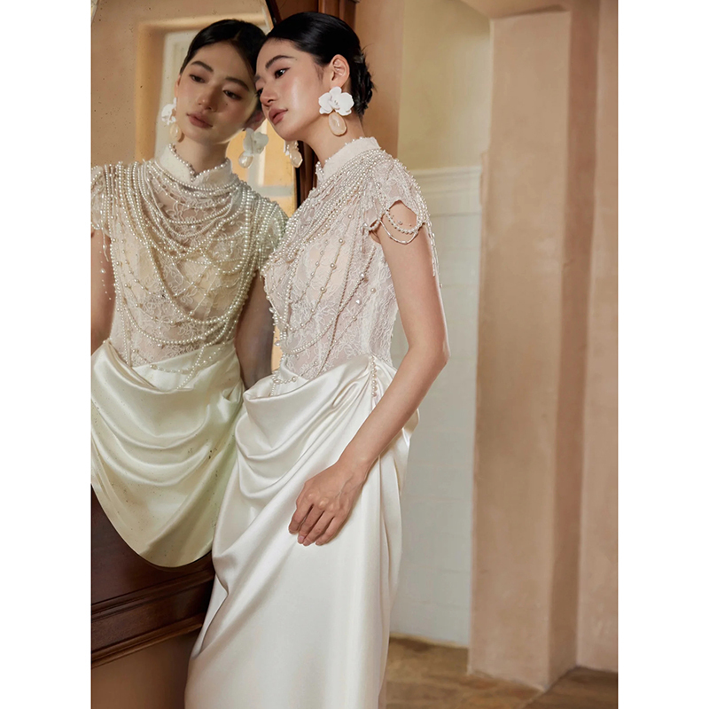 Heavy-Duty Cheongsam Wedding Dress, French Lace Pearl Evening Gown, Bride's Wedding Morning Robe, Light Luxury Satin Reception Dress