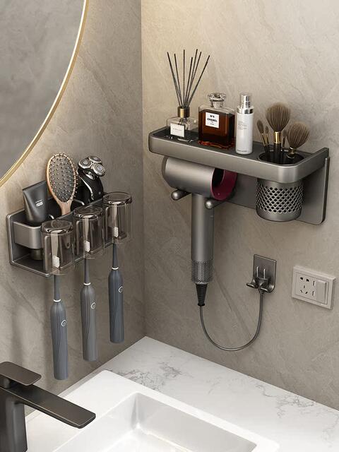 German toothbrush rack without hole punching bathroom mouthwash cup tooth cup storage rack multi-functional wall-mounted hair dryer rack