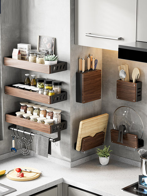 German Walnut Kitchen Storage Rack, Wall-Mounted, Mid-Century Style, No-Drill Wall-Mounted Pot Lid, Knife, Chopsticks, and Spoon Storage Rack