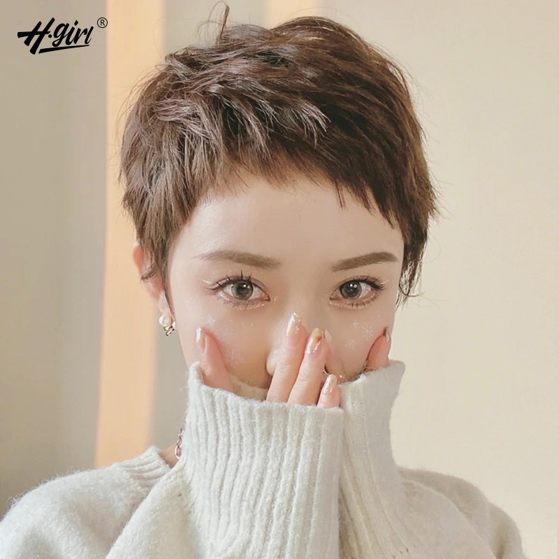 Dog nibble Liu Hai wig woman short hair styling with real hair The full real hair Fashion Nature Full Real Hair Headgear-Taobao
