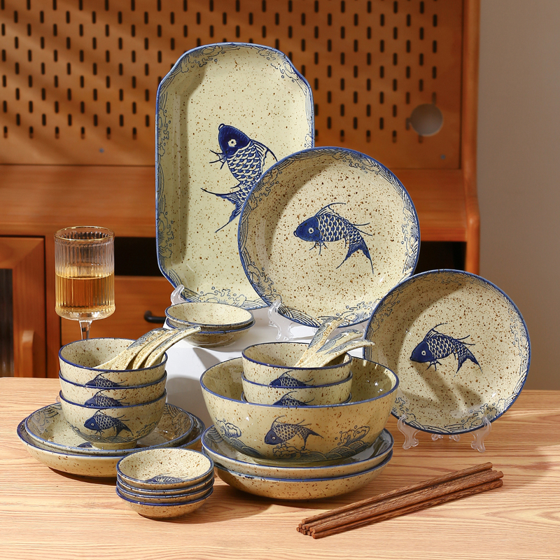 Chinese-Style Fish-Themed Bowl and Plate Set, Household Ceramic Tableware, Chinese-Style Plates and Bowls, Creative Bowlware, Bowl and Chopsticks Set