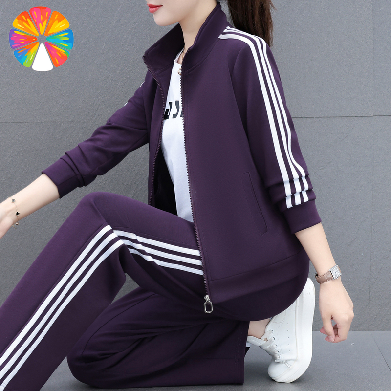 2026 Spring and Autumn New Style Women's Mom Cotton Casual Cardigan Three-Stripe Sports Suit Three-Piece Set Simple Plus Size