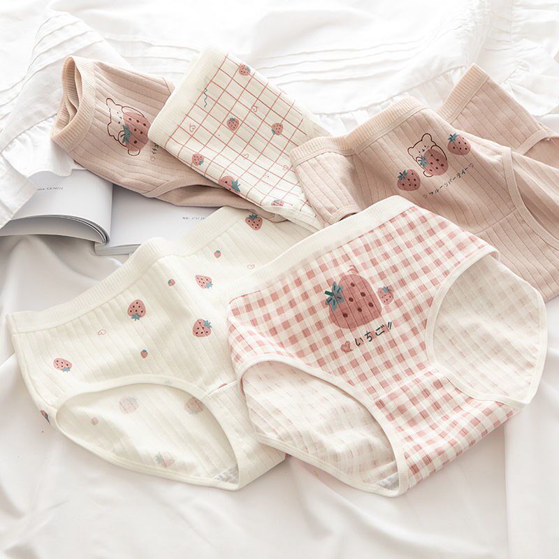 Fenteng 5 pieces of plaid strawberry pure cotton crotch underwear women's mid-waist large size Japanese breathable cotton girl student three