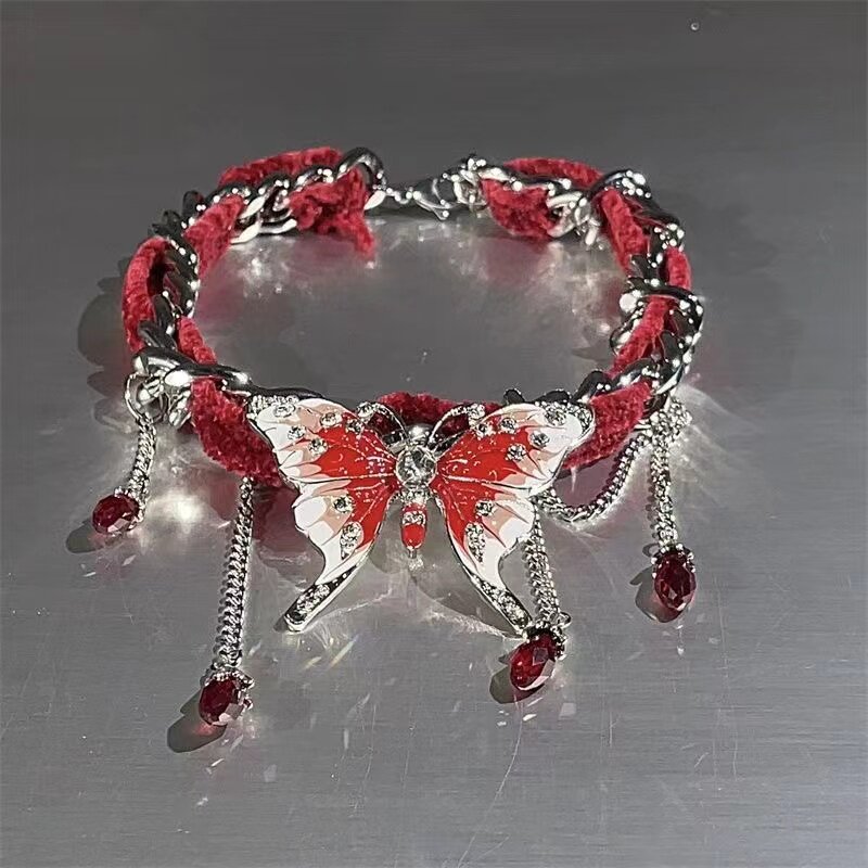 New Chinese style niche, unique and exaggerated red velvet butterfly tassel necklace, choker, collarbone chain jewelry for women.