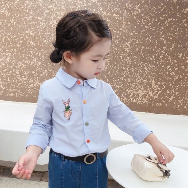 Girls' shirts 2021 spring and autumn new embroidered long-sleeved baby doll shirts children's bottoming shirts little girl tops