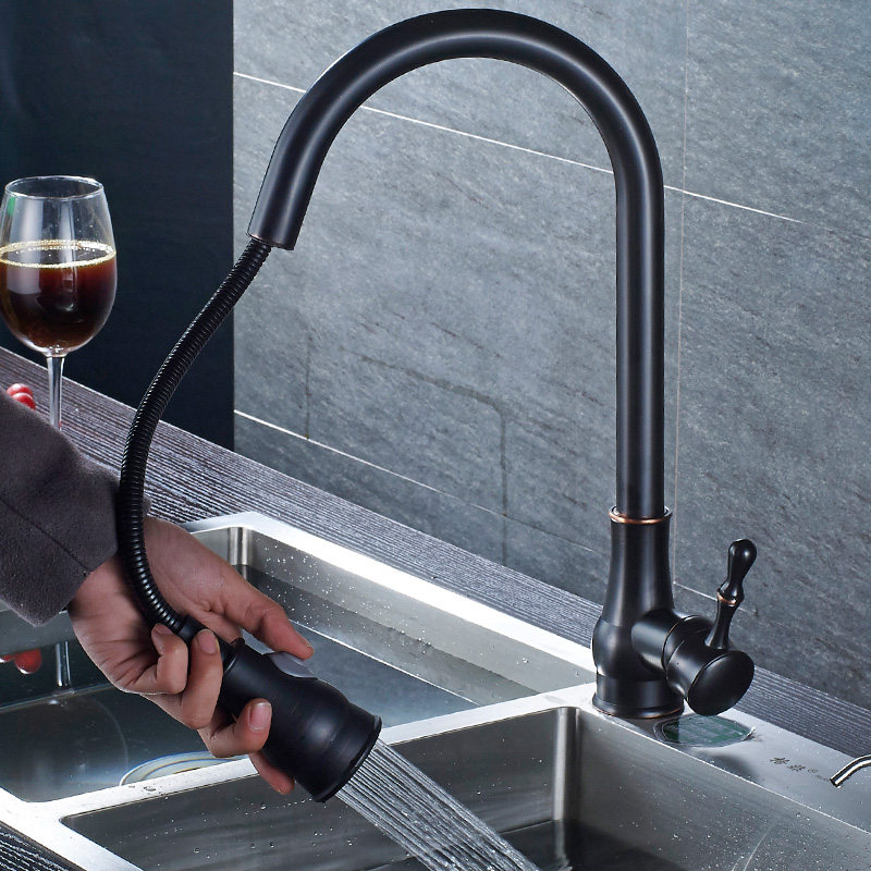 Nordic American black ancient copper pull-out kitchen hot and cold water faucet black vegetable basin sink stretch faucet