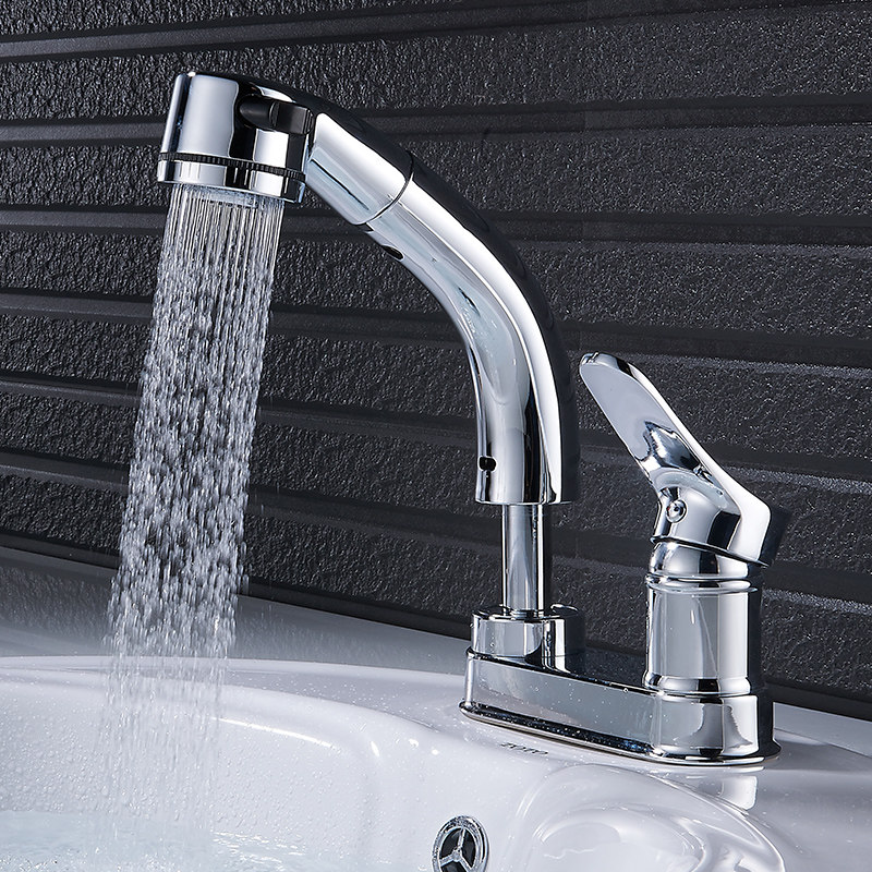 Double-hole faucet pull-out basin hot and cold water faucet wash basin washbasin three-hole faucet lift telescopic shampoo
