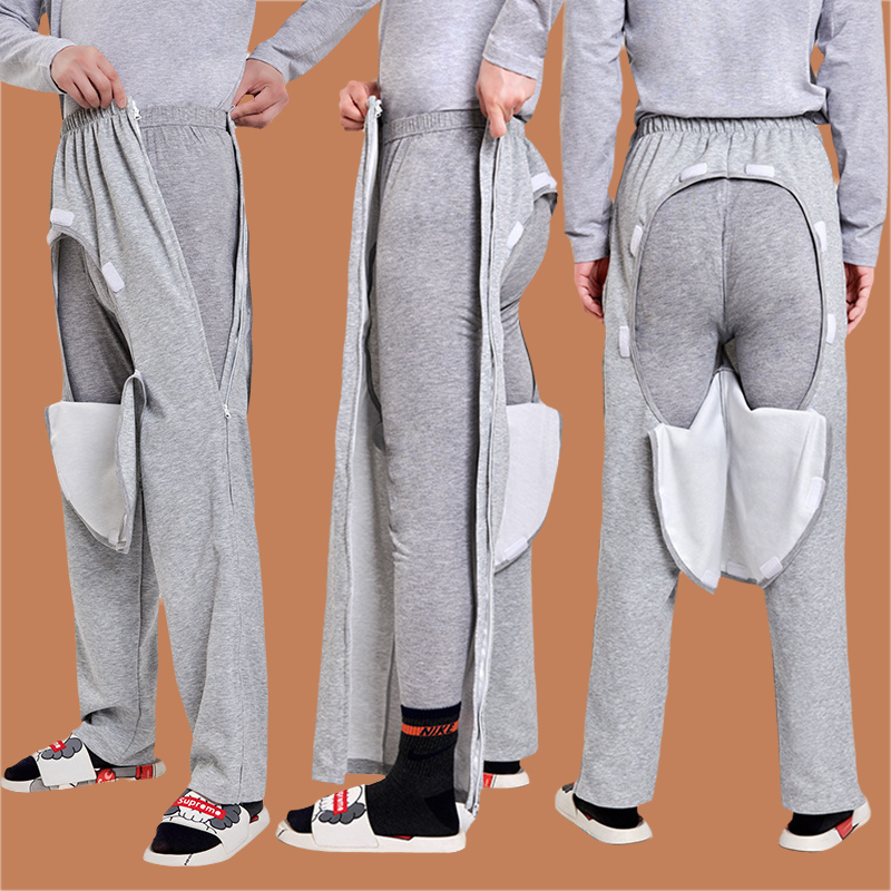 Pure Cotton Incontinence Cover-Up Pants for Men and Women, Easy to Put on and Take Off, Suitable for Spring, Autumn, and Summer, Elderly Care Pants for the Paralyzed, Open-Crotch Pants with Urine Bag