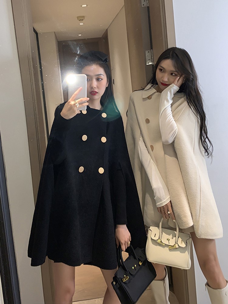 Autumn new Hepburn style black woolen coat women's shawl with temperament double-breasted a-line cloak coat-