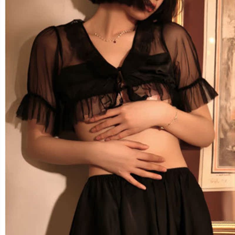 Sexy Lingerie V-Neck Cardigan Lace Irregular Satin Stichin