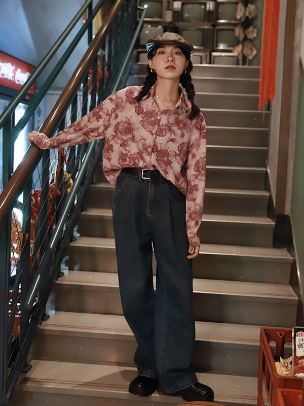 Pink Rose Flower Shirt for Women 2022 New Autum Loose Slimming Design Casual Retro Long-Sleeved Shirt