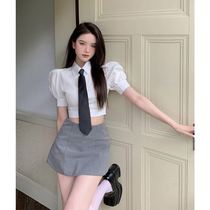 Bubble sleeve shirt tie Slim-fit short-sleeved womens summer white short top half-body a-line skirt two-piece set tide