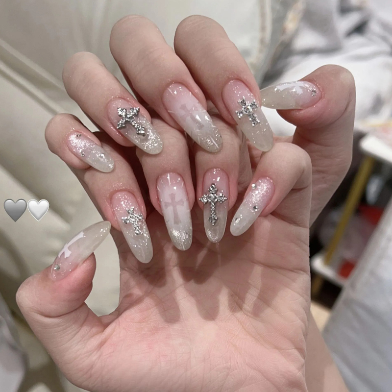 Silver Cross Cat Eye Handmade Wearable Nails, Medium Length Nude Gradient Sparkling Wearable Nail Patches