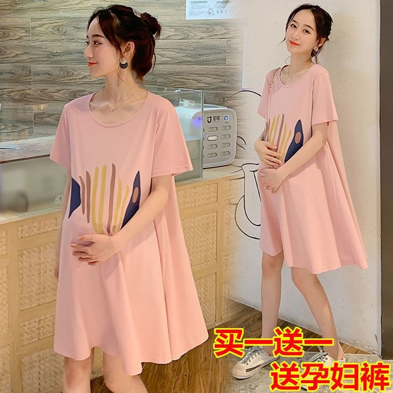 Maternity wear summer top skirt short-sleeved thin dress loose mid-length T-shirt maternity wear spring autumn summer dress