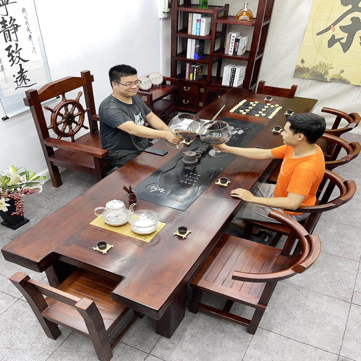 Old ship wood tea table and chair combination Kung Fu tea table solid wood office large table tea set set one new coffee table