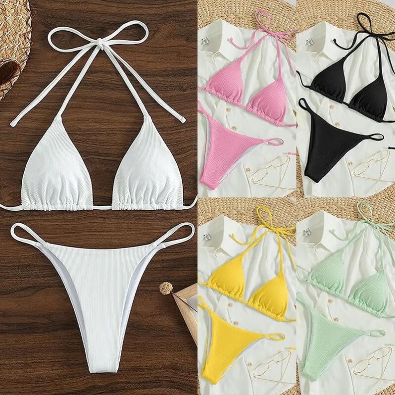 Solid Color Sexy Three-Point Bikini with Tie Neck and Thong Swimsuit for Hot Spring Vacation and Beachwear Solid Color Sexy Three-Point Bikini with Tie Neck and Thong Swimsuit for Hot Spring Vacation and Beachwear