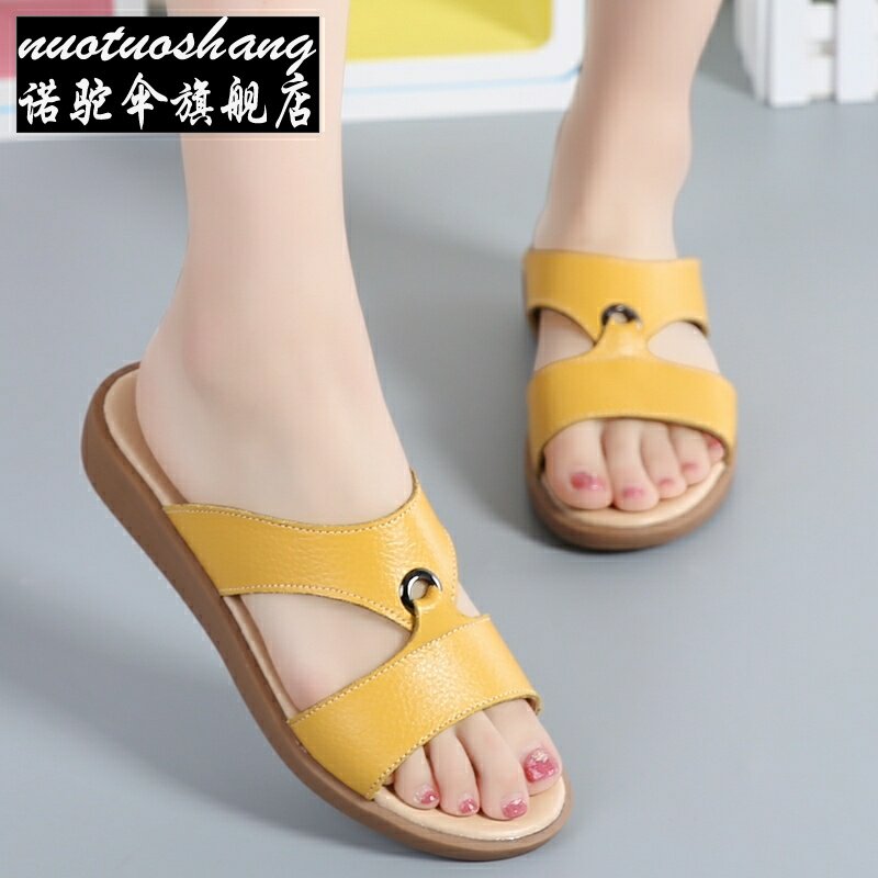 * Summer Genuine Leather Outdoor Slippers Women Fashion Bull Gluten Bottom Flat Bottom Cold Shoes Outwear Casual Pregnant Woman Mom Cool Slippers