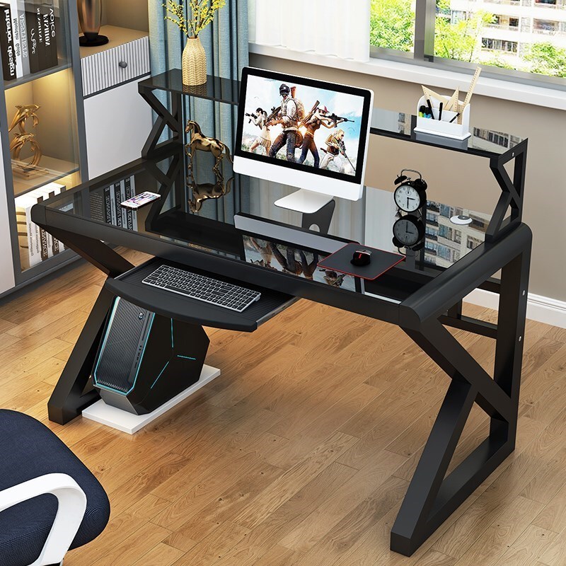 Computer Desktop Table with Keyboard Tray, Can Hold the Main Unit, Stylish Bookshelf Integrated Table, E-Sports Table, Tempered Glass, for Home Use