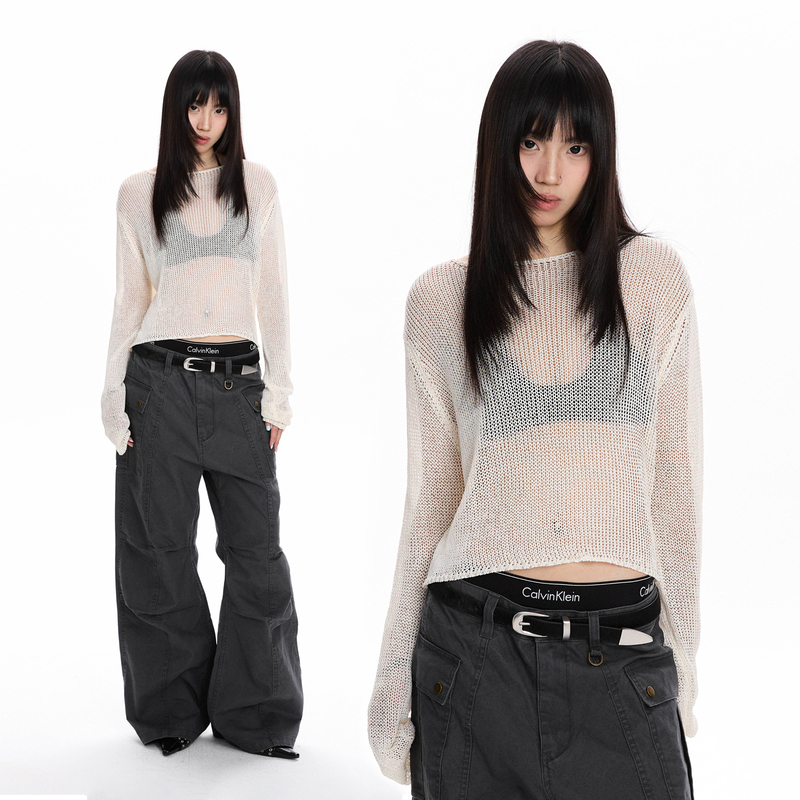 Apocket American-Style Lazy Hollow-Out Mesh Short Knit Cover-Up, Lightweight, Breathable, Trendy Base Layer Top for Women