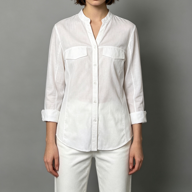 Melan** Lyn* Canadian Brand White Linen Shirt Top with a Stand Collar, Slim Fit and Chest Pockets Melan** Lyn* Canadian Brand White Linen Shirt Top with a Stand Collar, Slim Fit and Chest Pockets