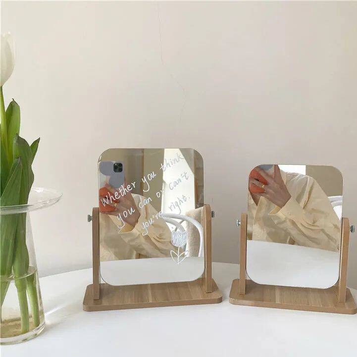 Fold Deck Desktop Cosmetic Mirror Dorm Mirror Mesh Red Wood Home Small Mirror Table Stand Female Beauty Mirror Cosmetic Mirror