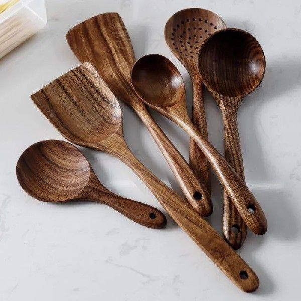 7pcs set Teak Natural Wood Tableware Spoon Lady Turner-Taob