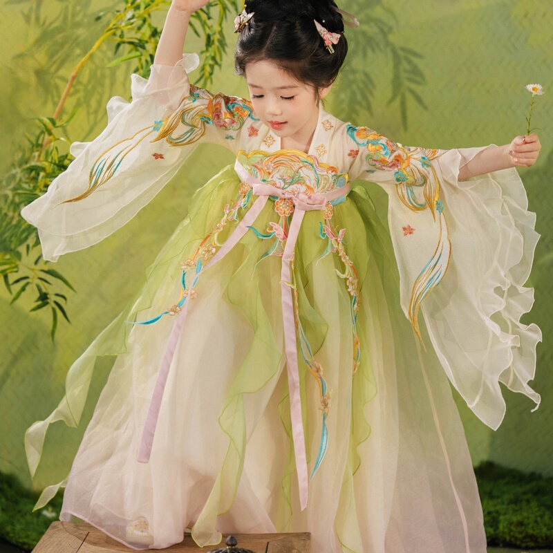 Children's Hanfu for Girls, Super Fairy-Like Embroidered Chest-Length Skirt, Chinese Style Tang Suit, Ancient Style Dress for Little Girls, Spring Model