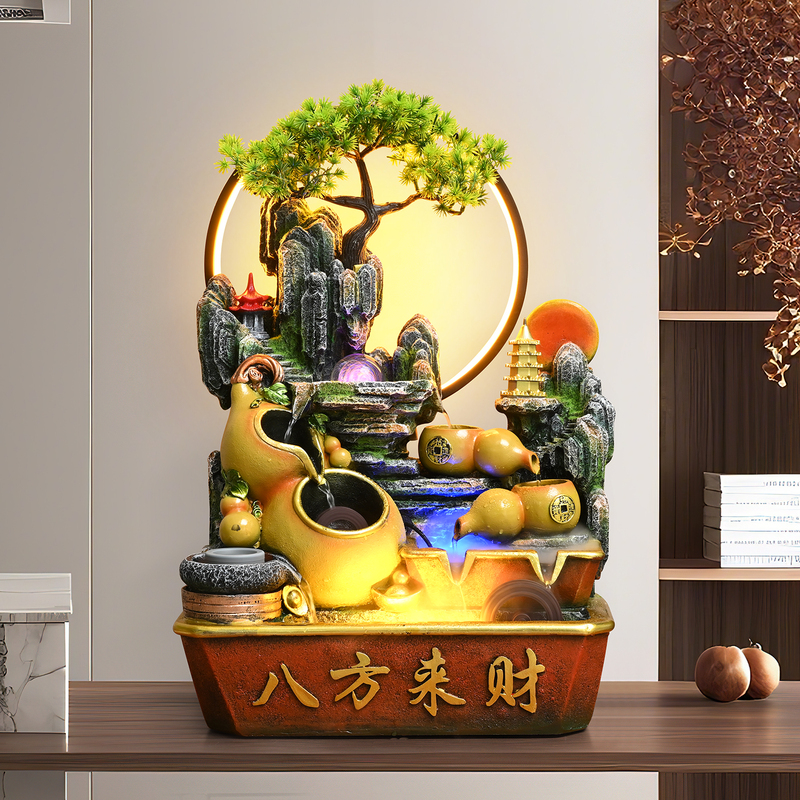 Rockery Water Feature with Circulating Water, Windmill Fountain, Wealth-Generating, Living Room Tabletop Feng Shui Wheel, Housewarming and Opening Ceremony Gift
